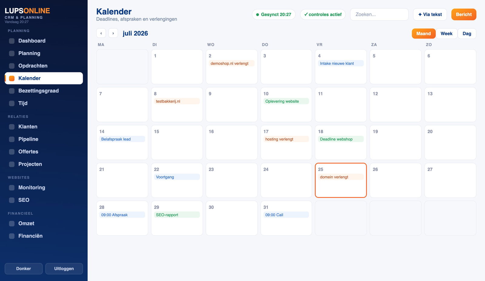 De kalender: deadlines, afspraken en aflopende domeinen bij elkaar.