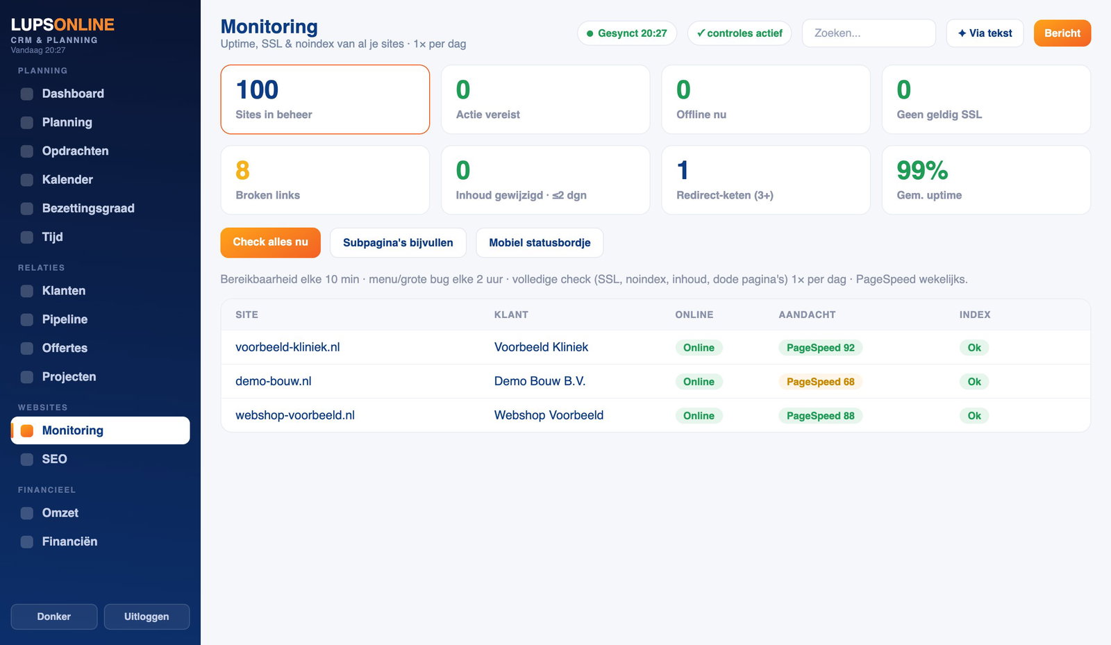Monitoring: uptime, SSL, PageSpeed en broken links van alle sites in beheer.