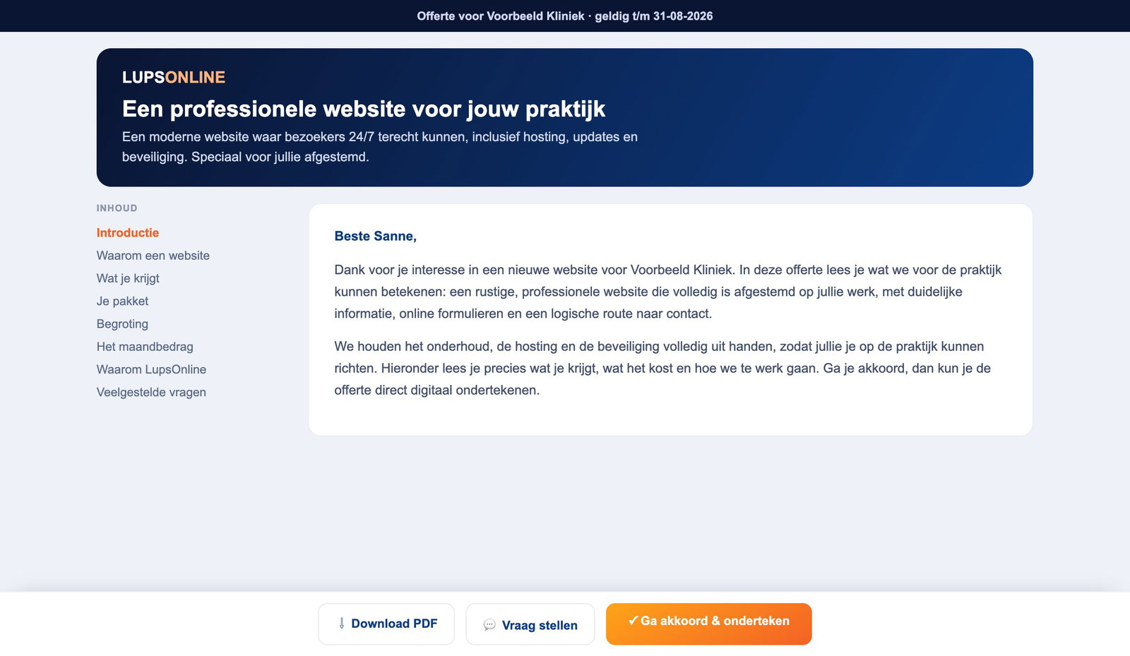 Zo ziet de klant je offerte: een verzorgde, interactieve pagina die online te ondertekenen is.
