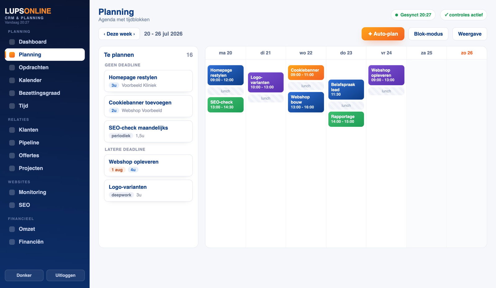 Planning met auto-plan: taken automatisch ingepland op deadline en prioriteit.