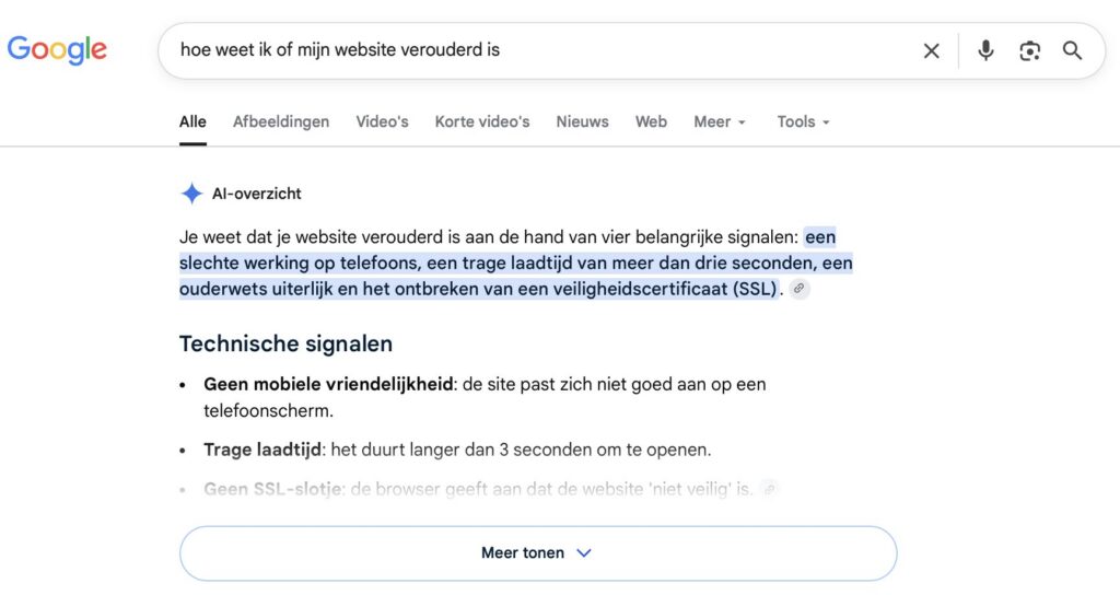 Google AI-overzicht dat de signalen van een verouderde website samenvat