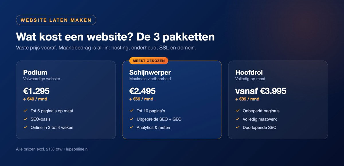 Infographic: wat kost een website, de 3 pakketten van LupsOnline met prijzen