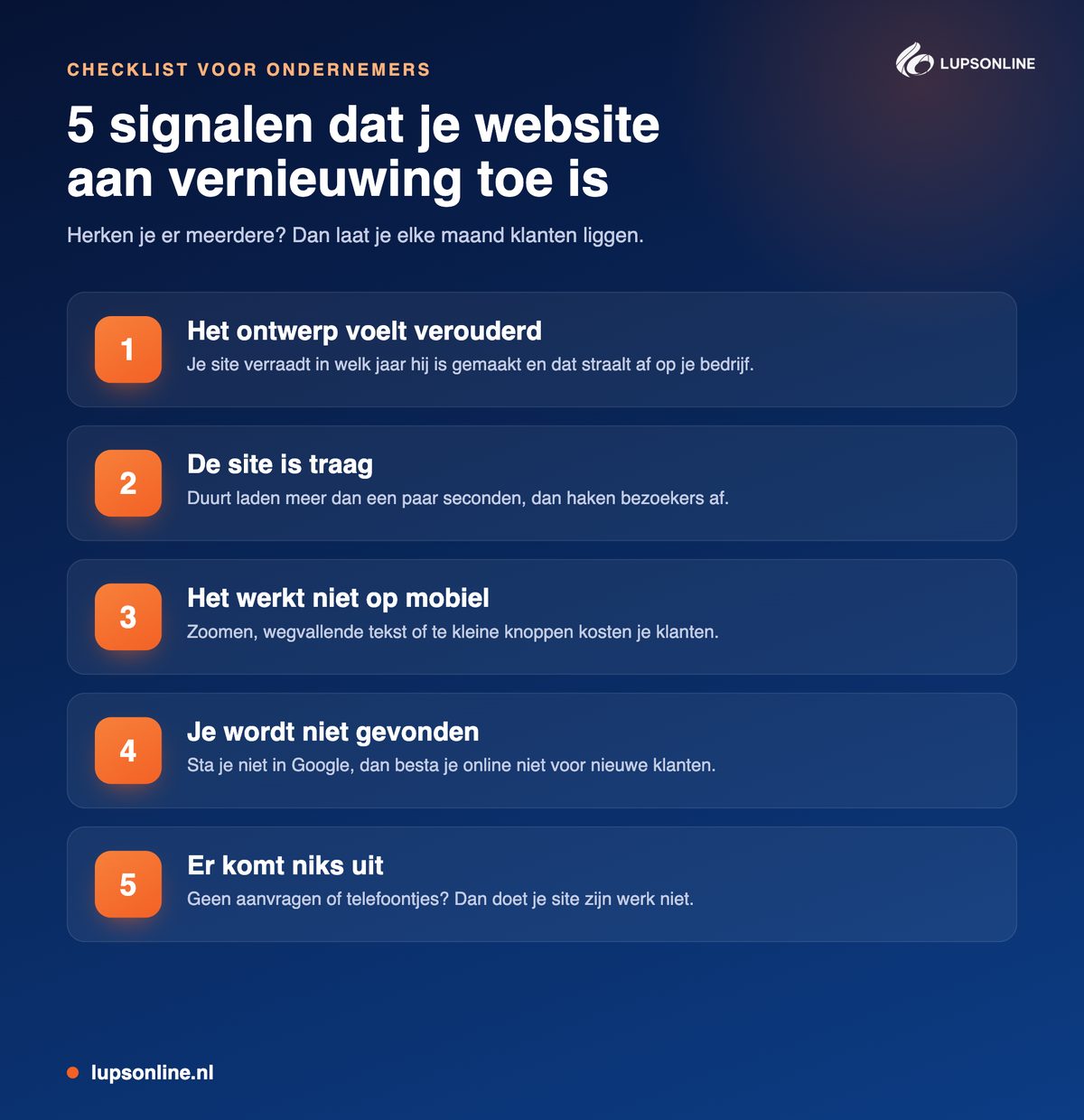 Checklist met vijf signalen dat een website aan vernieuwing toe is