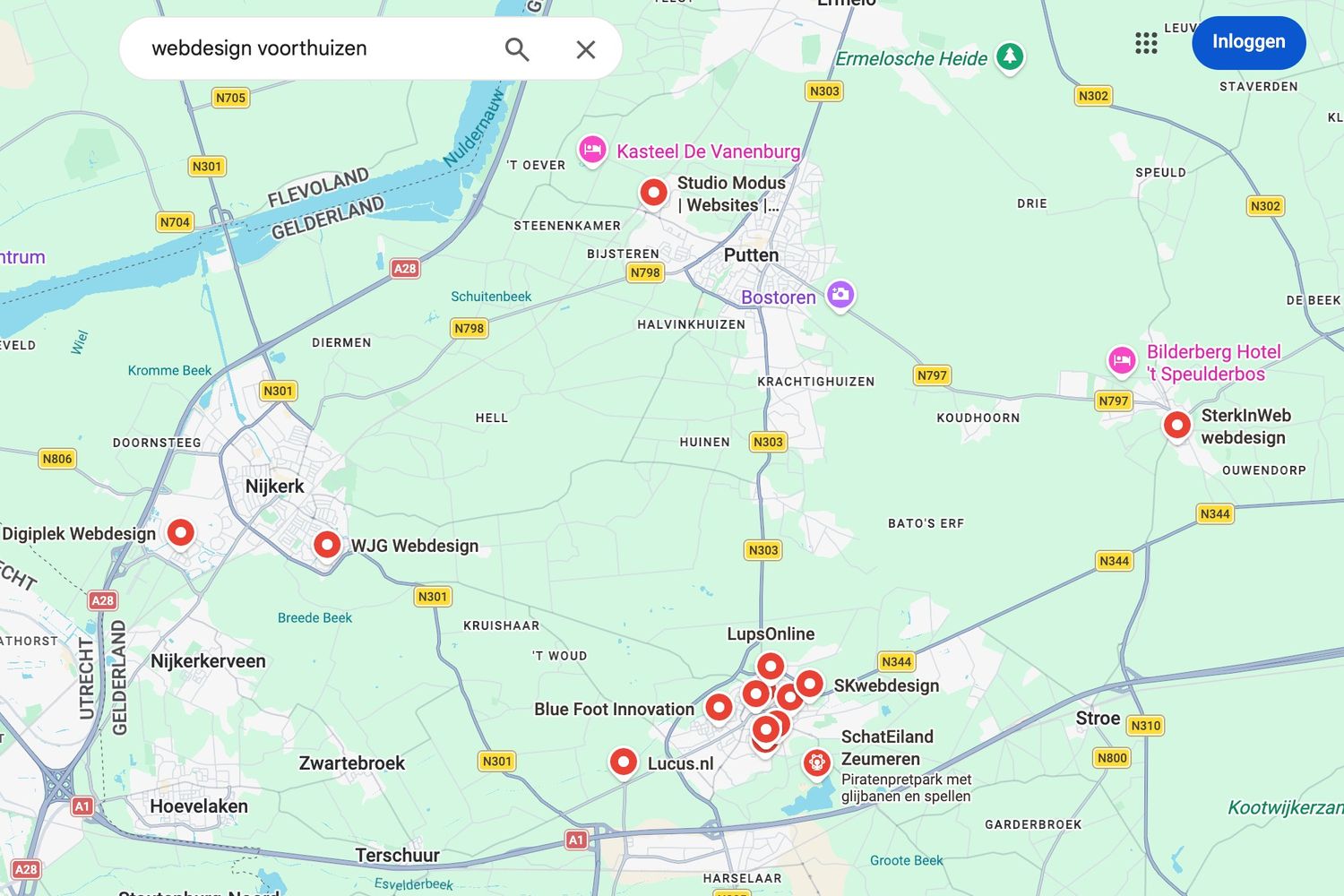 Lokale zoekresultaten voor webdesign in Voorthuizen op Google Maps, met LupsOnline en concurrenten