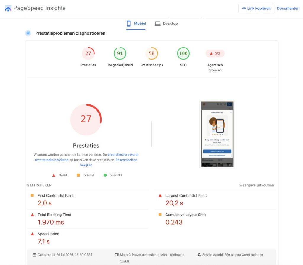 Een lage PageSpeed-score van 27 wijst op een trage website