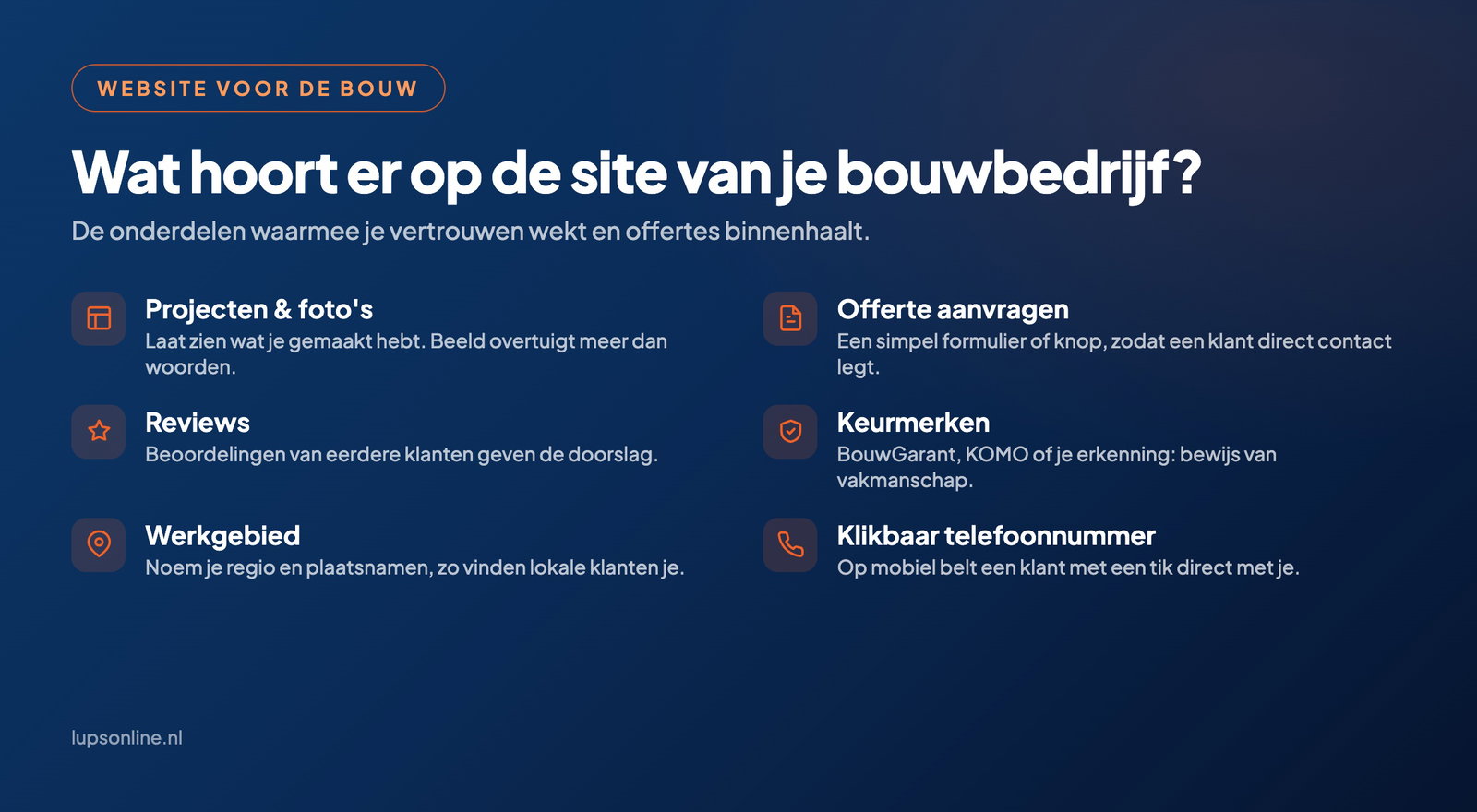 Checklist: wat hoort er op de website van een bouwbedrijf, projecten, offerte aanvragen, reviews, keurmerken, werkgebied en klikbaar telefoonnummer